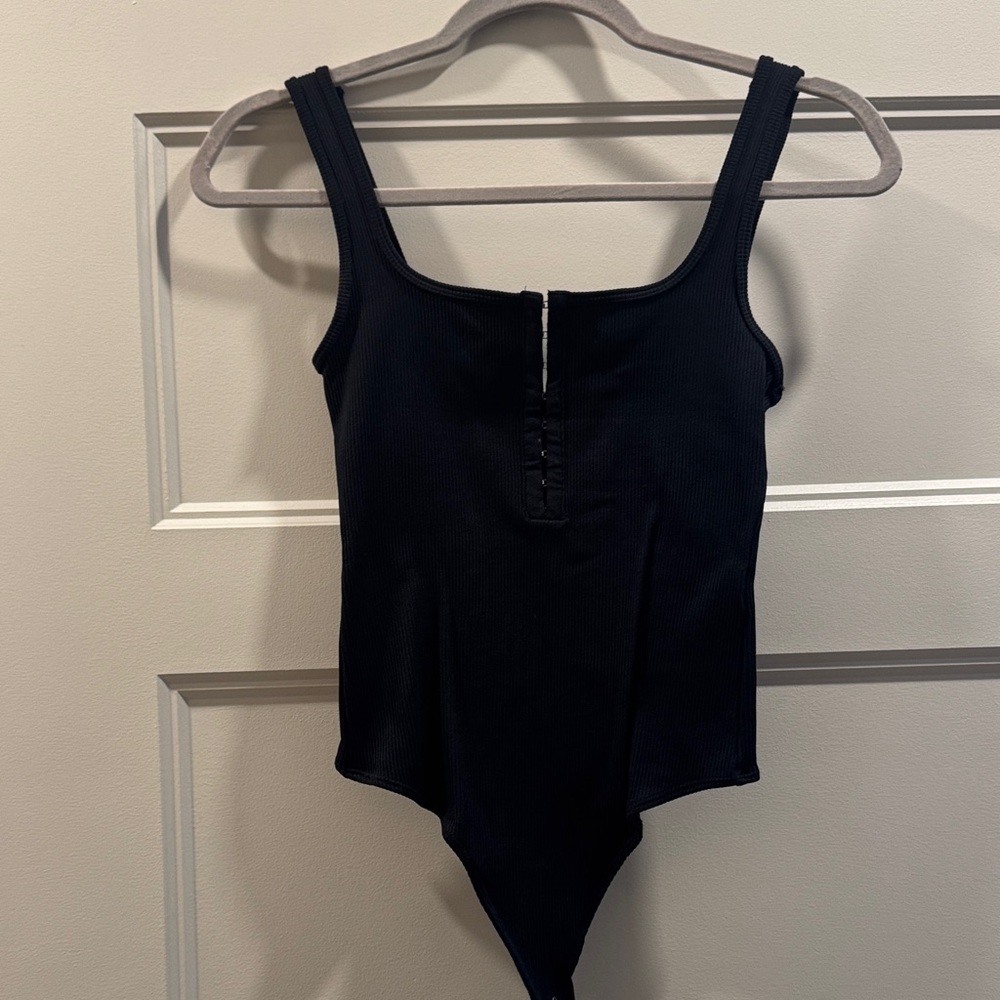 Abercrombie & Fitch Black Ribbed Button-Front Bodysuit